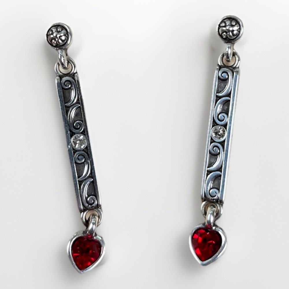 Vintage BRIGHTON Red Heart Drop Dangle Earrings in container